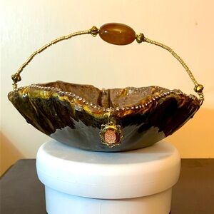 Handmade Resin Bowl with Gold Beaded Handle Sculptural Art Dish